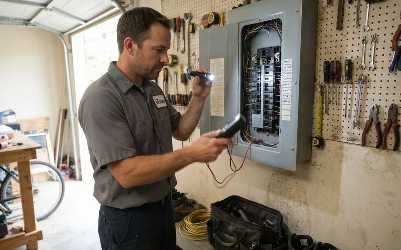 A homeowner checking the circuit breaker panel after an air conditioning unit stops working