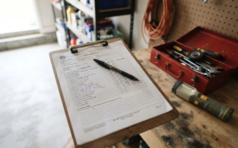 A checklist and clipboard showing a completed annual HVAC maintenance visit summary