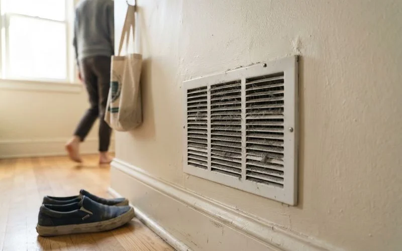 A close-up view of dust buildup visible on an air vent grille in a residential home
