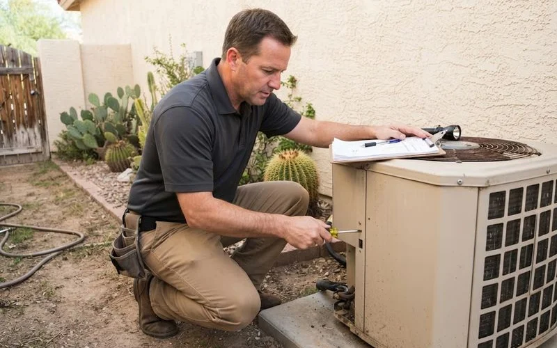 A home inspector examining an outdoor AC condenser unit during a pre-purchase inspection