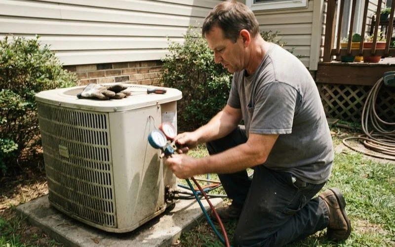 A licensed HVAC technician in Phoenix checking refrigerant pressure gauges on an outdoor condensing unit