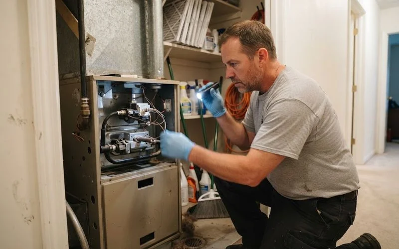 A technician inspecting the interior components of a residential gas furnace in a utility closet