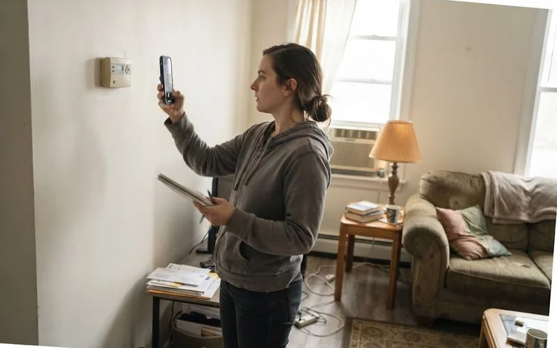A tenant reviewing a lease agreement and sending a written maintenance request about a broken air conditioner