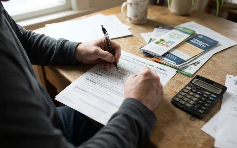 A community assistance office where a person is filling out paperwork for a utility bill assistance program