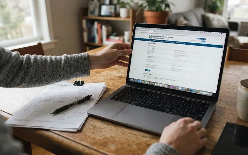 A homeowner checking a contractor's license number against an official state lookup website on a laptop